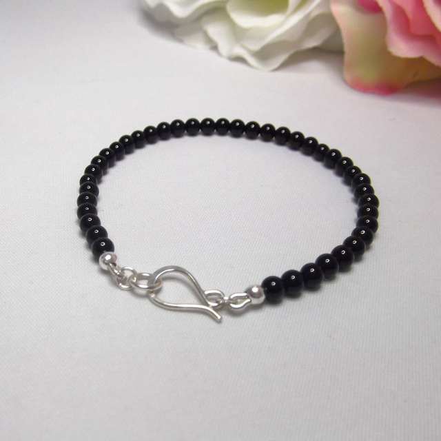 Black Agate gemstone bracelet of small round beads with recycled sterling silver clasp