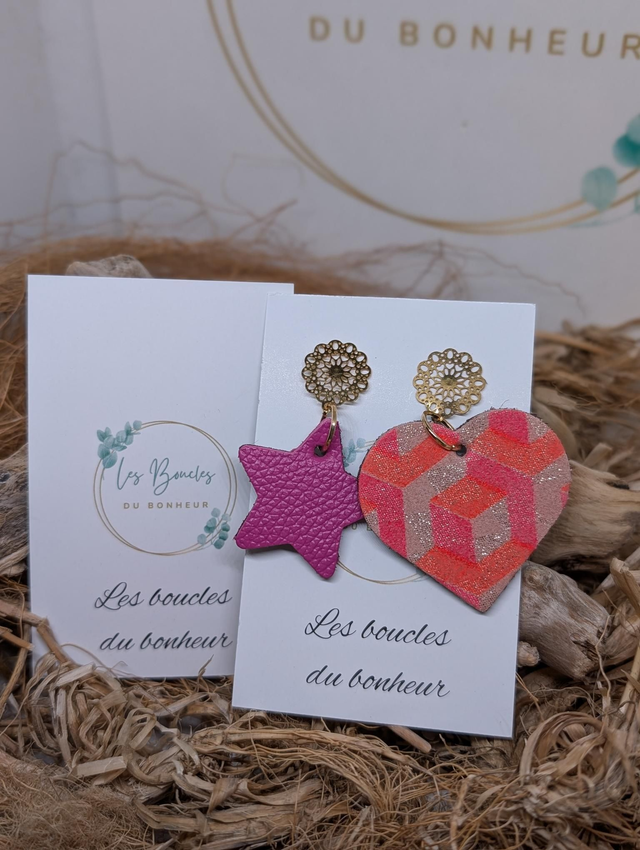 Boucles d'oreilles Asymétrique coeur étoile rose st027