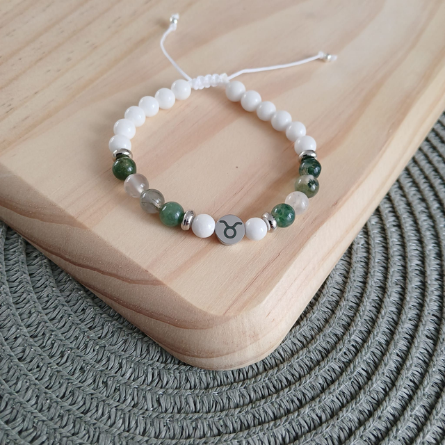 Sterrenbeeld armband witte Jade en Mosagaat - Stier