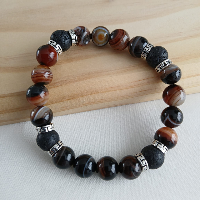 Heren armband Carneool en Lavasteen met rvs - elastisch 18cm (2.055)