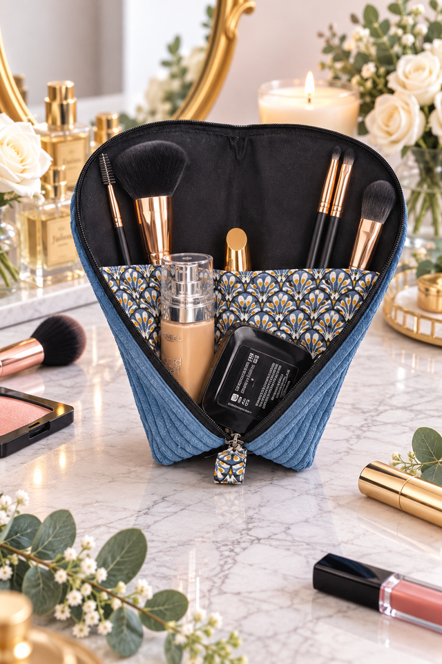 Trousse à maquillage nomade - velours côtelé bleu jean  