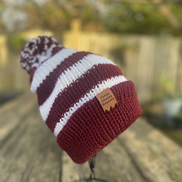 🤎 Funky Chunky Bobble Hat – Deep Maroon &amp; Winter White - Handmade in Scotland