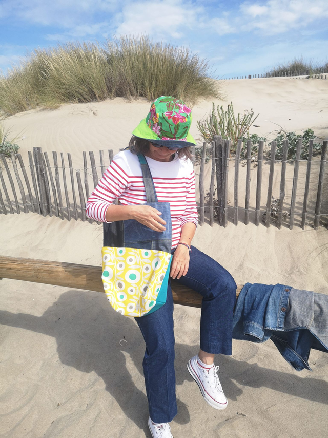 Grand Sac jean upcyclé / Bleu et jaune soleil - Pièce Unique