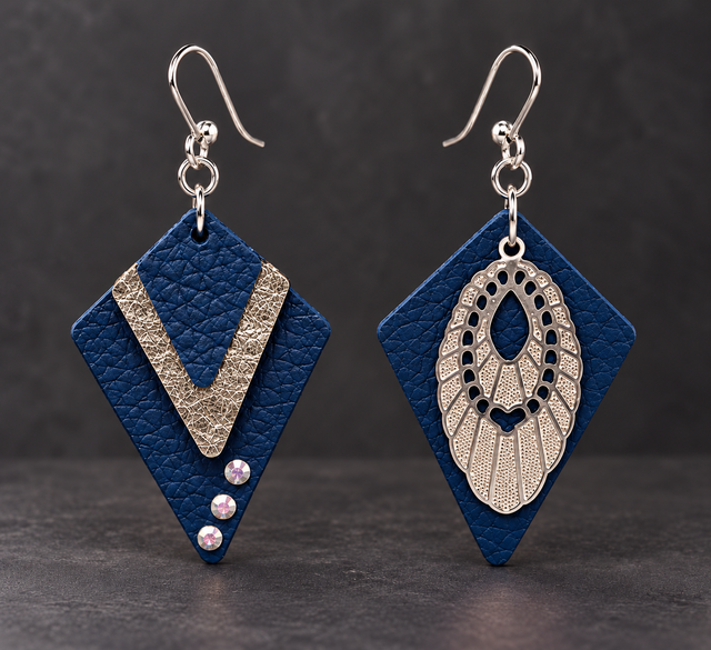 Éclat Royal – Petites boucles d’oreilles asymétriques en cuir bleu et estampes argentées