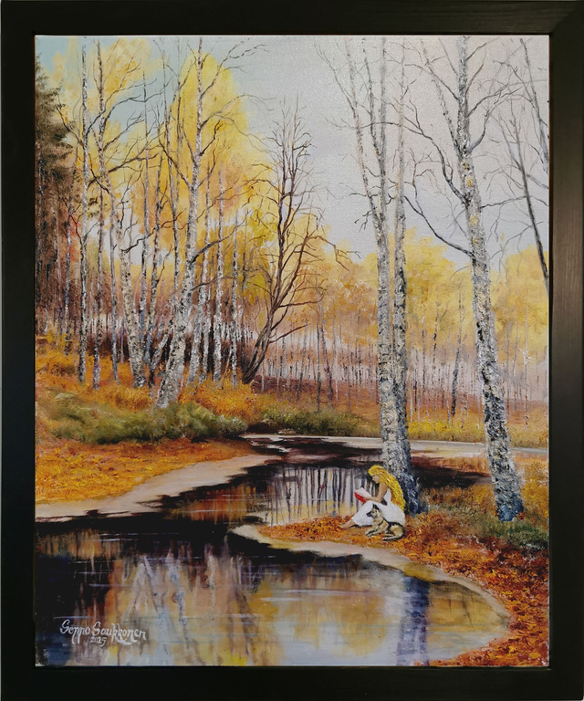 Lukeva tyttö ja koira joenpartaalla (60x50cm)