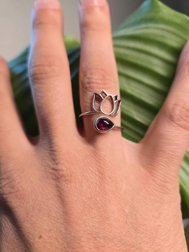 Grenat - Bague réglable &quot;Fleur de Lotus&quot; en Argent 925 
