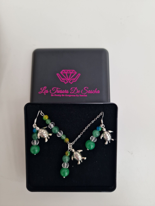 Parure Bijoux Acier Argenté Tortues Perles Jade Cristal