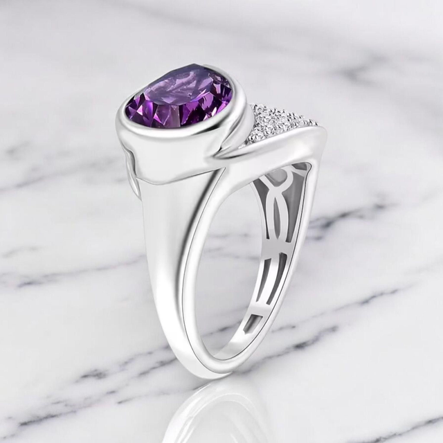 Beautiful Moroccan Amethyst & Cambodian Zircons Statement Ring.