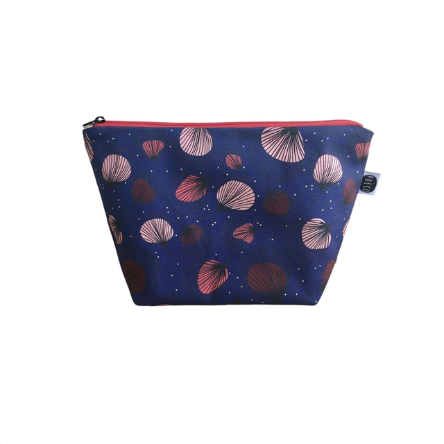 Trousse de toilette - tissu intérieur imperméable - PLUMES rouges fond bleu marine