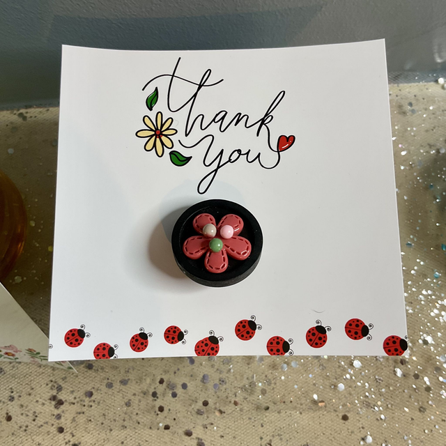 Handmade brooch with thank you card. Thank you teacher gift.