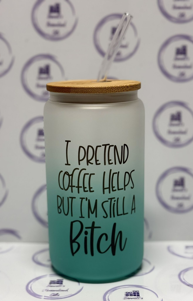 I pretend coffee helps 16oz glass can with bamboo lid and glass straw