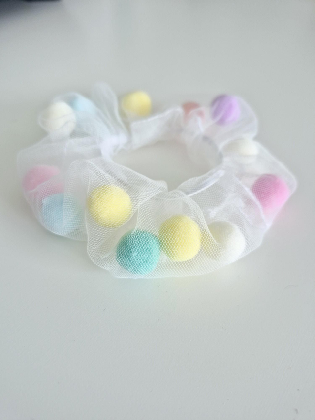 Organza Hair Scrunchie with Pom Poms