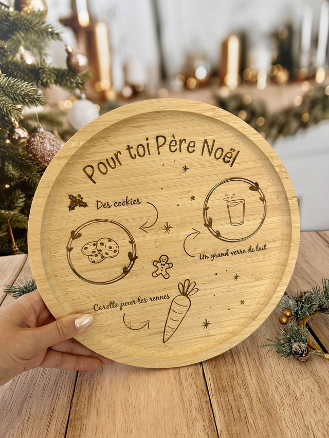 Plateau “Pour toi Père Noël” en bois naturel – Décoration artisanale et rituel familial de Noël – Fait main en France 🎄