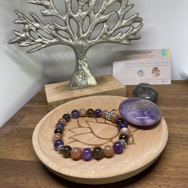 🌺♏️🧘‍♀️Bracelet Signe Scorpion en Pierre de soleil, Améthyste et Quartz fumé