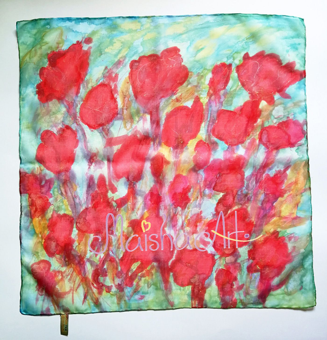 Unikatna, Ročno poslikana Svilena Ruta, Rdeči Maki 