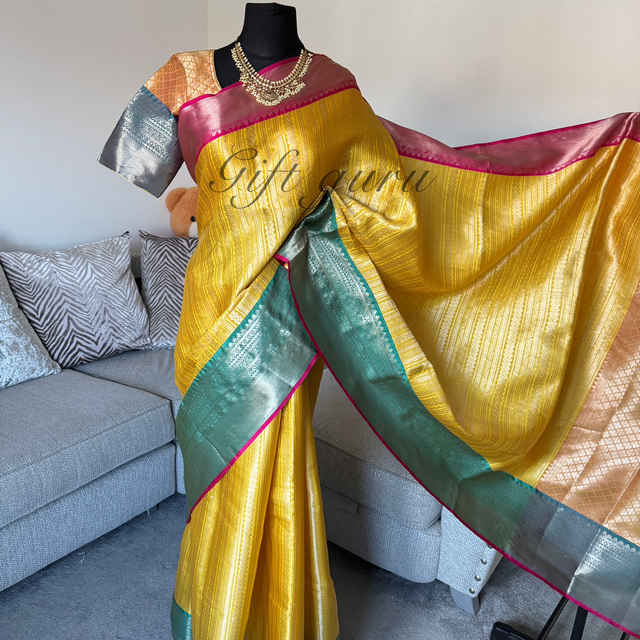 Semi Katan Silk Yellow Saree with Dual-Color Borders