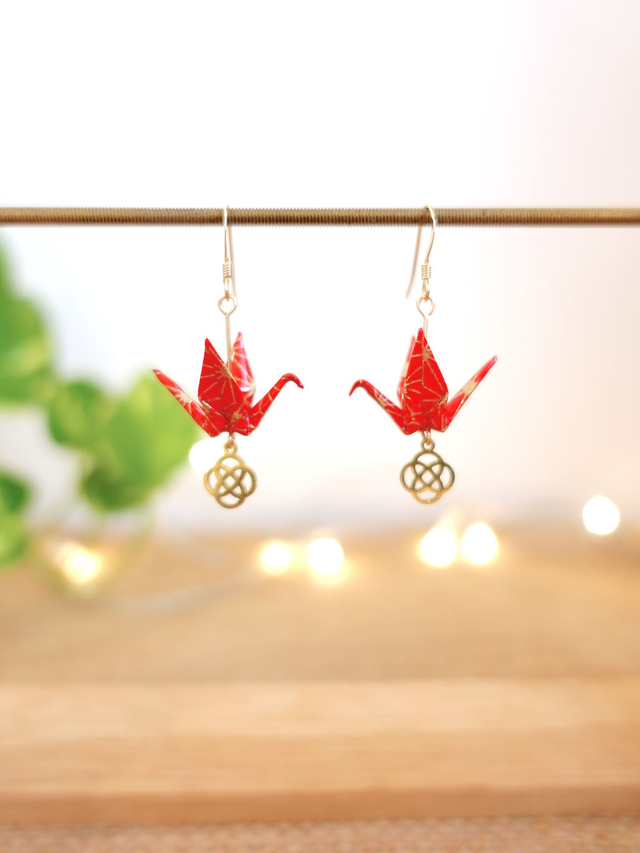 Origami oiseaux, grues / GOLD FILLED, Or laminé / Papier japonais Washi / Rouge, or / Boucles d'oreilles / Bijou origami /