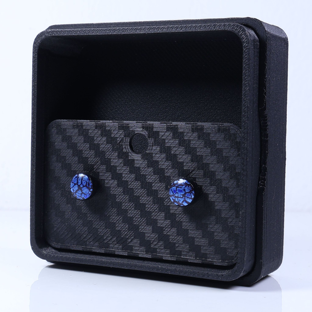 Hypoallergenic Vibrant Electric Cracked Deep Blue Black Polymer Clay Plastic Back Stud Earrings With Designer Carbon Fiber Jewellery Box