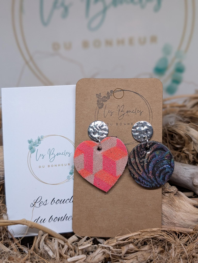 Boucles d'oreilles Asymétrique rose orange holographique nc045