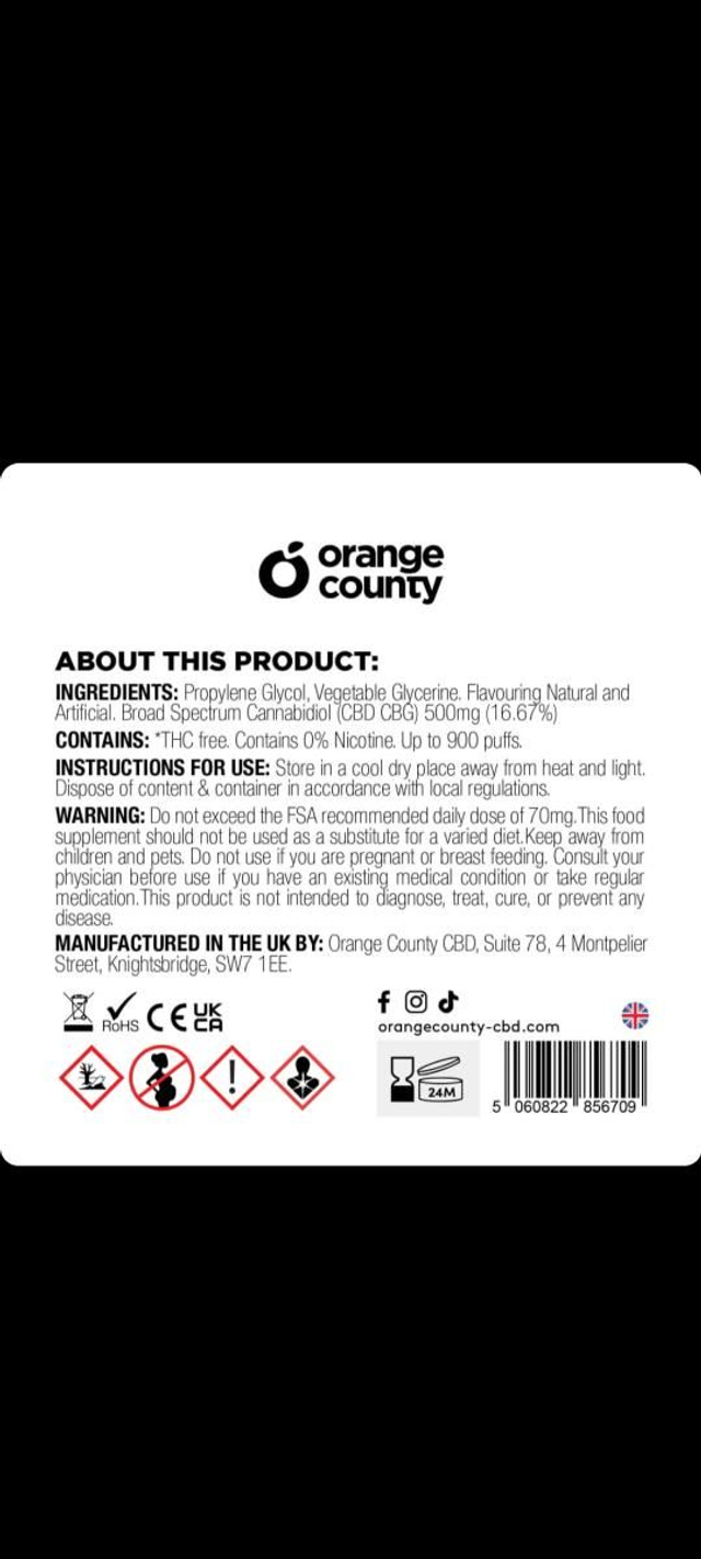 Orange County CBD 3ml Disposable Vape Pen 250 CBD + 250mg CBG Grape Burst