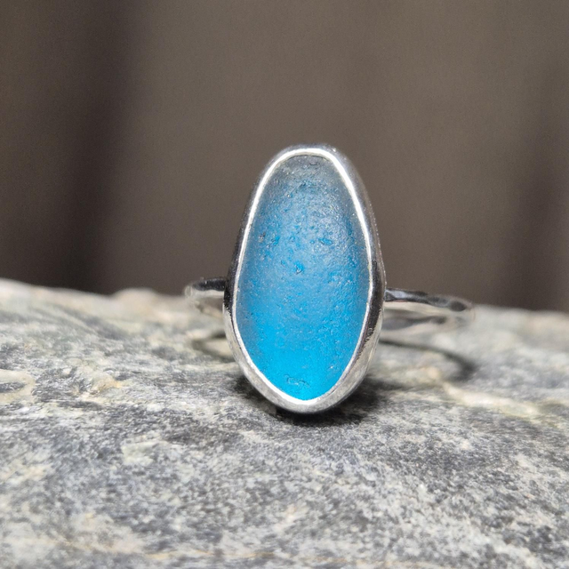 Size P Turquoise Sea Glass and Sterling Silver Ring Fully Hallmarked 