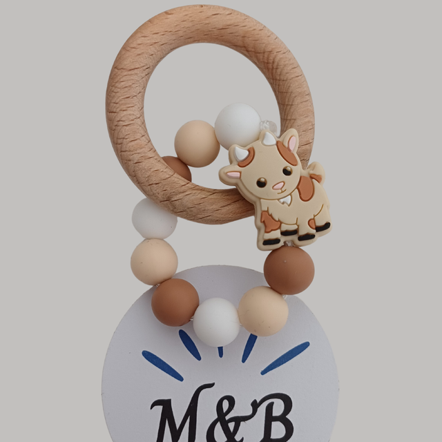 🔸 Anneau de dentition bois &amp; silicone – Vache beige 𓃔