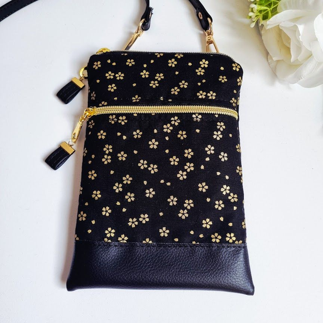 Mini-sac pour téléphone "Sakura" noir doré & simili cuir noir