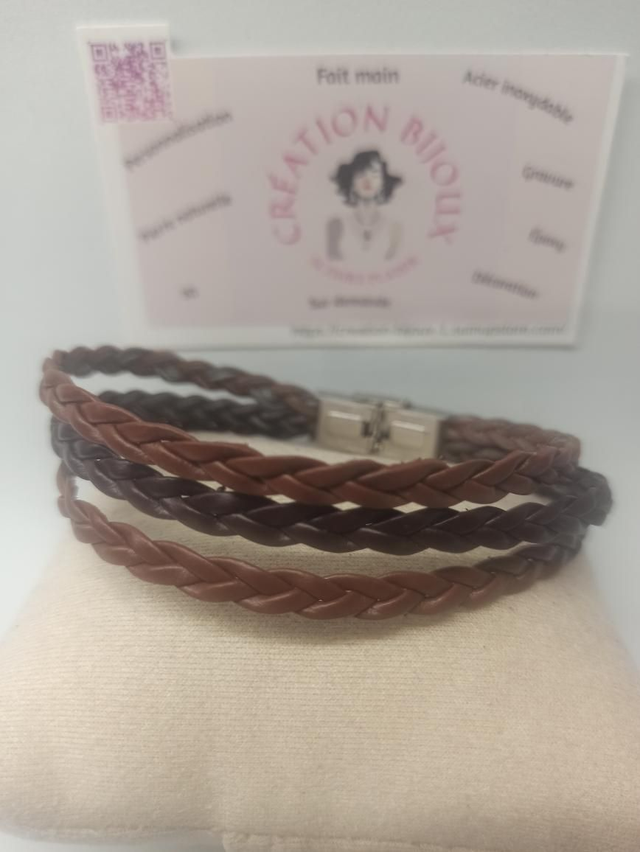 Bracelet similicuir tressé marron 