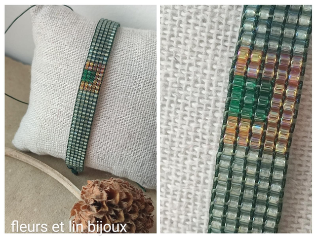 Bracelet tissé main vert et or en perles de verre miyuki réglable en fil de jade résistant, pièce unique 