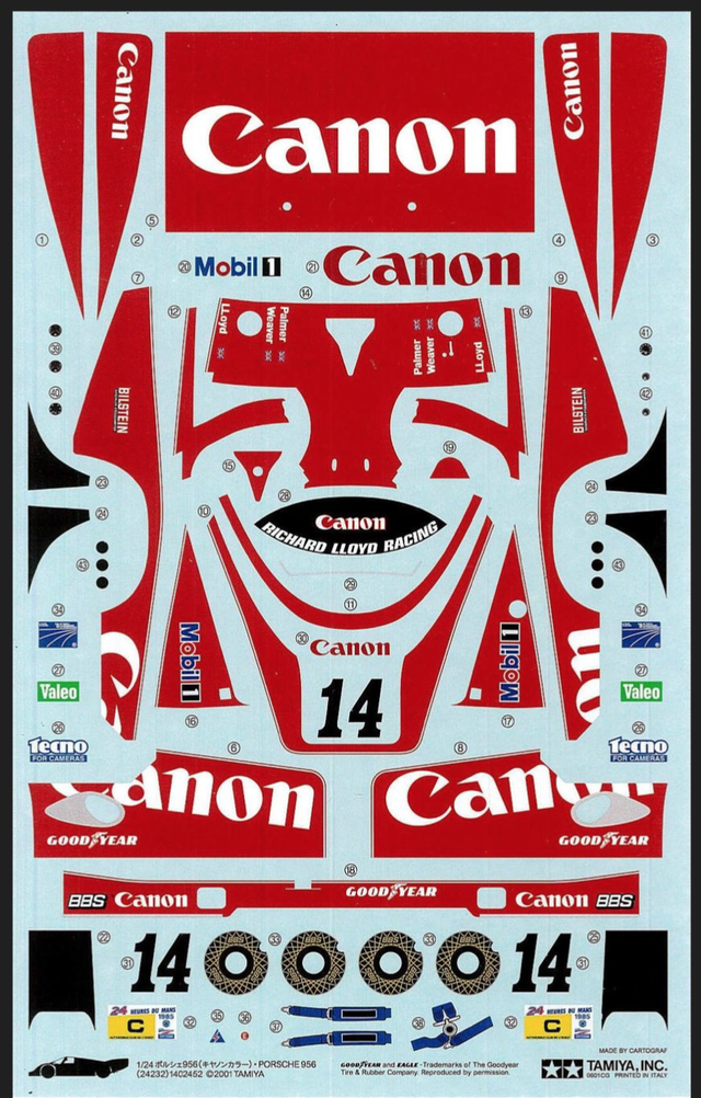 Decal Porsche 956 Canon Le Mans 1985 Tamiya 1:24 