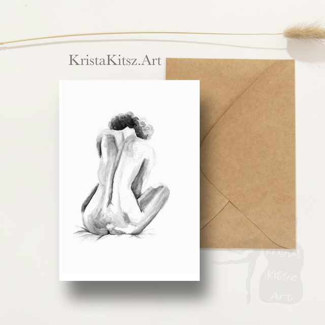 Ansichtkaart Vrouw zittend naakt aquarel, inclusief envelop, van origineel schilderij 