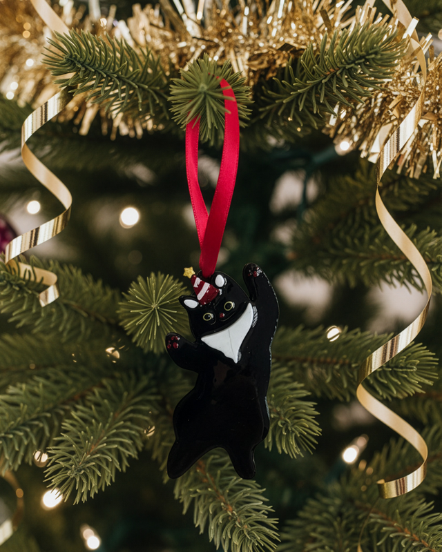 Handmade Climbing Cat Ornament | Black and White Christmas Decoration for Cat Lovers 