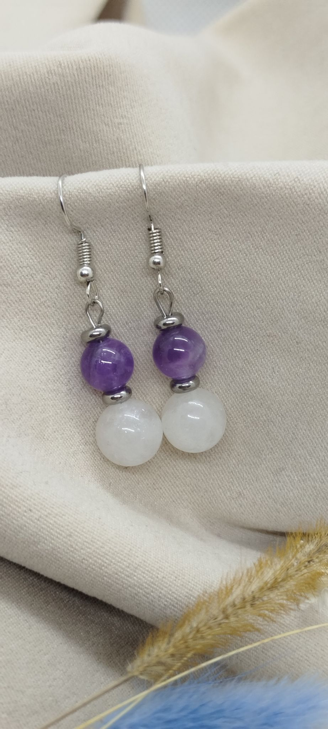 Boucles d'oreilles en pierres naturelles de 8 et 10 mm (pierre de lune, améthyste)
