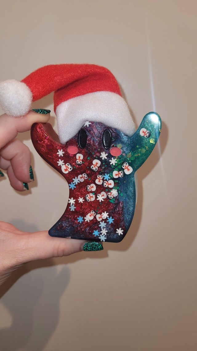 Christmas Ghost Ornament - with Santa Hat, Snowflakes & Snowmen – Red & Teal – Limited Edition Festive Shelf Decor