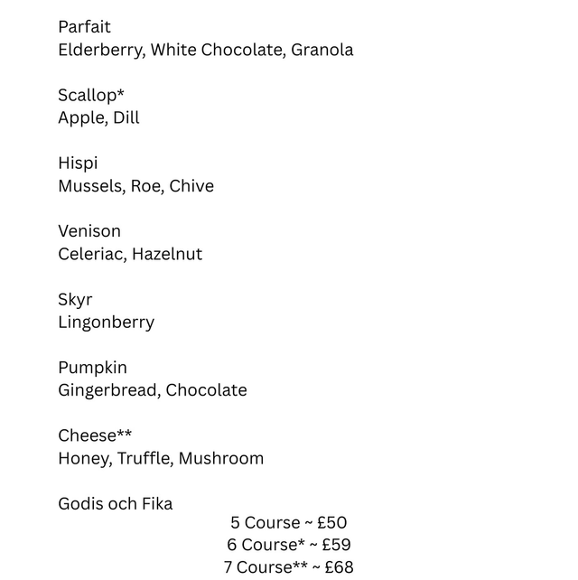 5 Course Tasting menu 5.30pm
