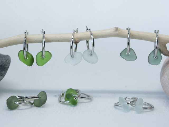 Rhodium plated sea glass hoop earrings (12mm diameter)