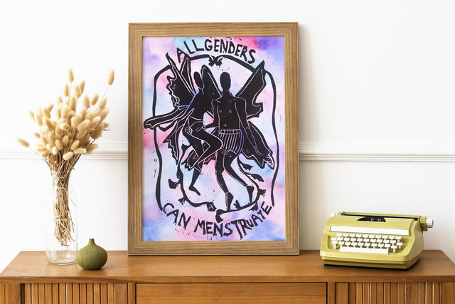 Linogravure "All genders can menstruate"