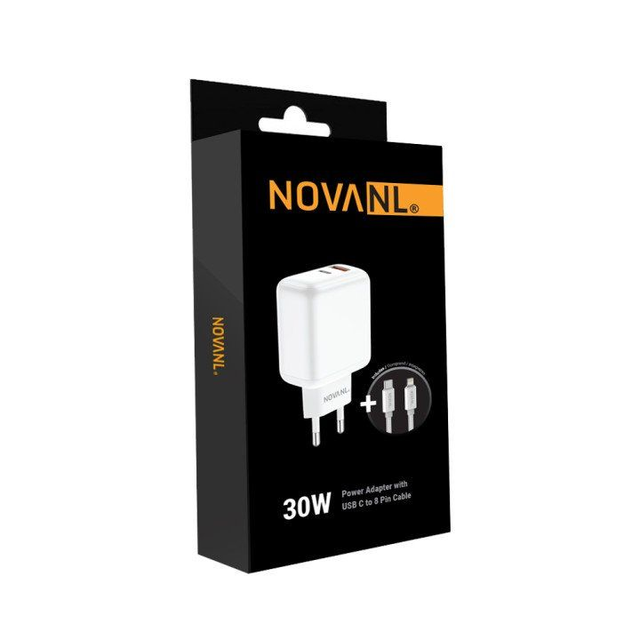 NOVANL ProCharge Dual Port (30W) Wall Charger with SpeedCharge USB A to 8 Pin Cable