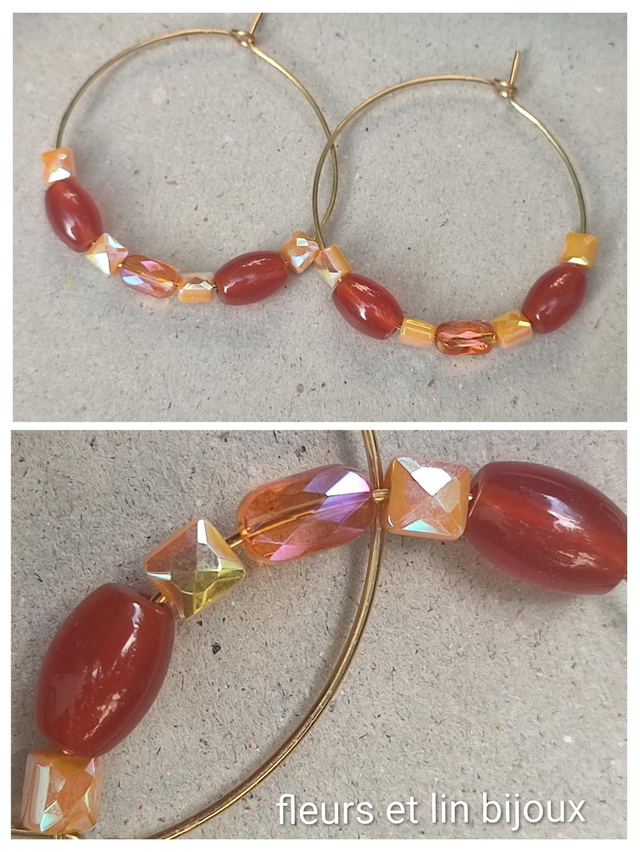 Créoles agate orange ( pierres naturelles) et verre aux jolis reflets, acier inoxydable doré -sans nickel, pièce unique 
