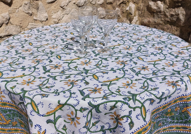 Nappe carrée 100cm imprimée à la main, coton, motif floral vert et jaune