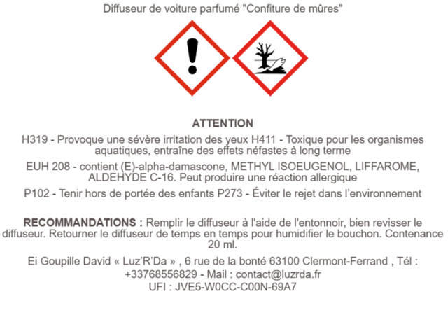 Diffuseur de parfum pour voiture "Confiture de mûre"