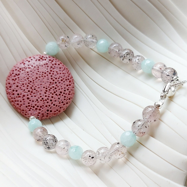 Lava (pink), spotty quartz , dyed jade and sterling silver beaded bracelet