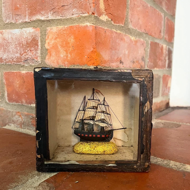 19th Century Folk Art Painted Ship In Display Case