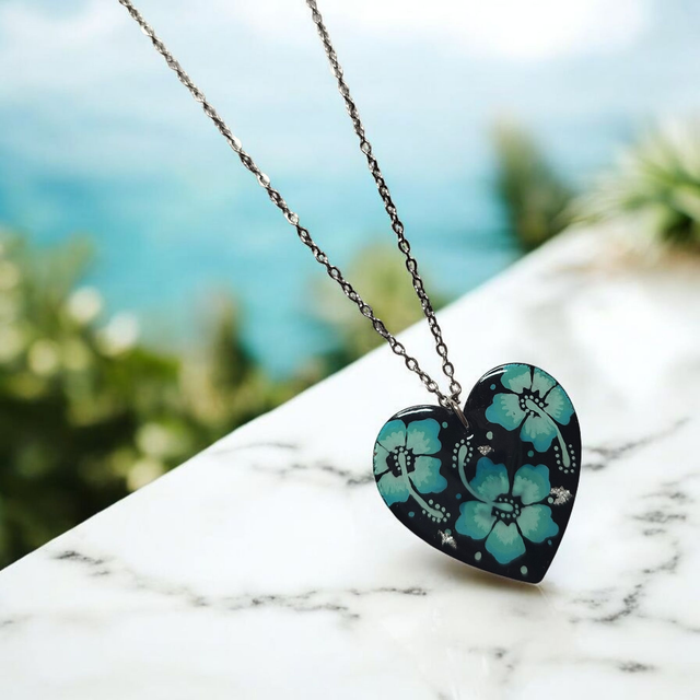 Collier dessiné Flora acier inoxydable bleu turquoise