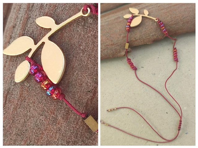 Bracelet feuille et verre rose fuchsia réglable 