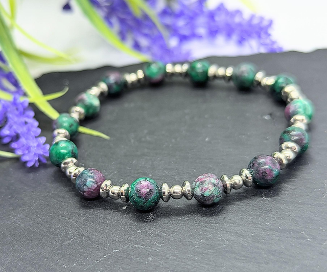 Ruby Zoisite &amp; Stainless Steel Beaded Stretch Bracelet 