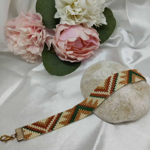 Bracelet tons caramel, beige et vert