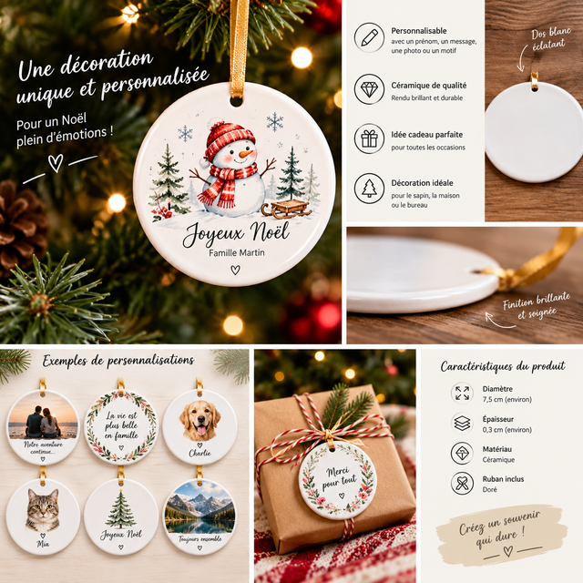 Ornement Rond en Céramique Personnalisé – Décoration de Noël avec Prénom, Photo ou Message – Idée Cadeau Originale