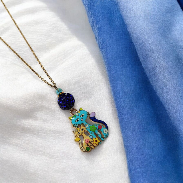 Collier acier inoxydable et cristal bleu et jaune chats