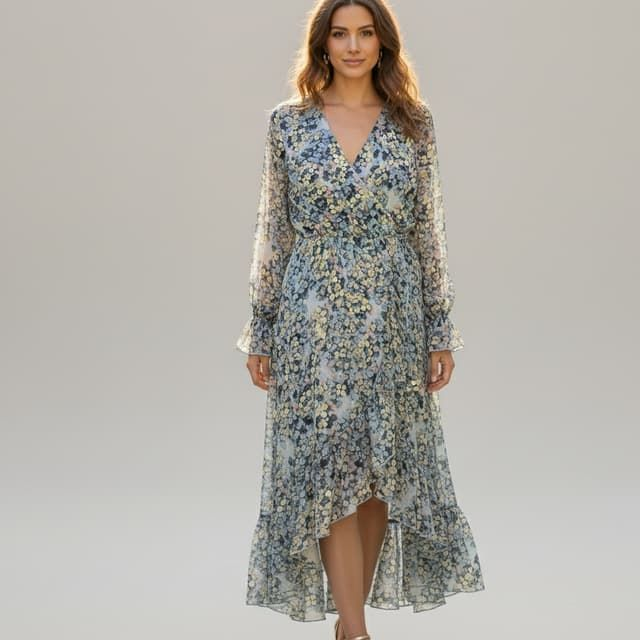 Robe Longue Fleurie à Volants - Coupe Portefeuille et Manches Longues – Style Bohème Chic